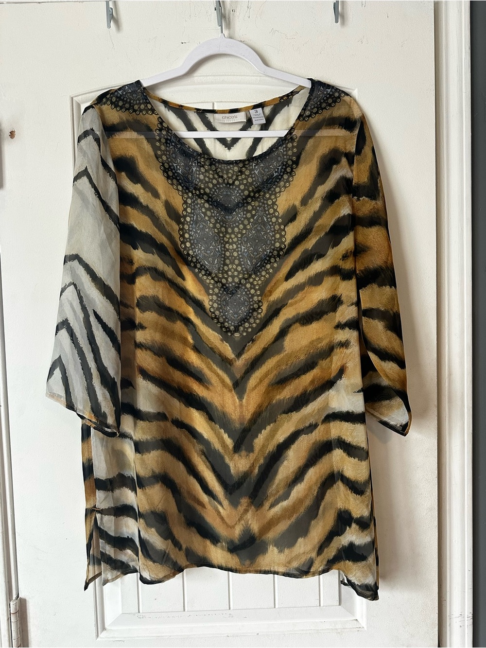 Chico's Tiger Print Sheer Chiffon Tunic Blouse - Size 3 (XL)
